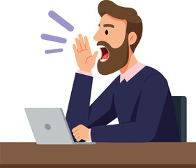 Poster - A man with a beard shouting excitedly while sitting at a desk using a laptop in a minimal vector illustration