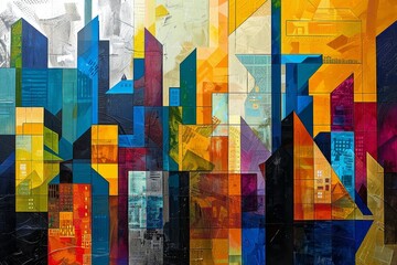 Poster - a vibrant abstract painting depicting a city skyline in a kaleidoscope of colors and geometric shape