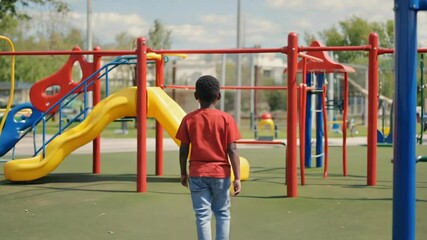 Poster - A young boy stands at the entrance of a playground.