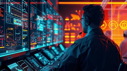 Fototapete - A man in a jacket uses a headset, while intensely monitoring several electronic screens filled with colorful graphs and data visuals in a modern operations center.