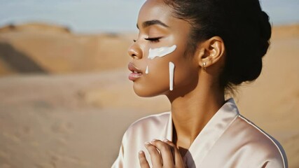Poster - A woman relaxing at home with a facial treatment, applying a thick layer of cream to her skin.