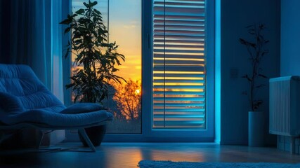 Poster - A single chair placed in front of a window as the sun sets, providing a cozy and peaceful atmosphere.