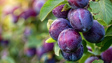 Poster - This Ripe purple plums dangle from vibrant green leaves in a summer garden, ready for harvest.
