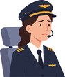 © OKAN - A female pilot in a detailed uniform sitting in an airplane cockpit, expressing concern, created in a flat vector art style