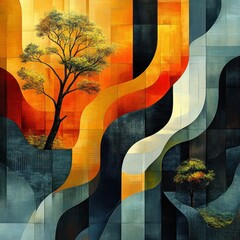 Poster - Abstract Autumnal Landscape: A Symphony of Colors and Curves