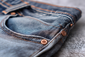 Poster - Close-up of blue denim jeans texture, showcasing fabric weave and copper buttons, representing casual style and durability, ideal for fashion or textile background