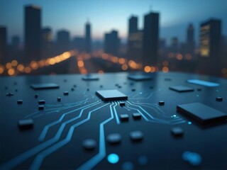 Poster - Close Up Electronic Circuit Board Displaying Digital Technology In Front Of Blurred Cityscape Background