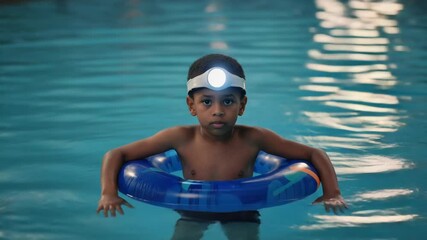 Poster - A young boy playing in a swimming pool wearing a life preserver, great for kids' activities or water safety illustrations.