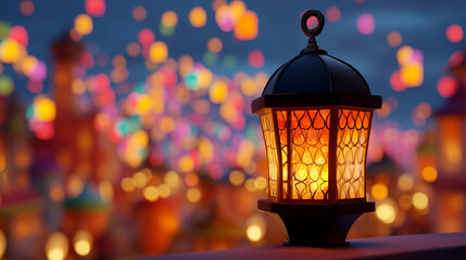 Poster - Illuminated lantern with patterned glass, warm orange glow, against blurred background of colorful lights, suggesting a festive, magical atmosphere
