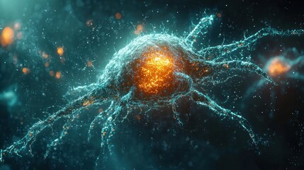 Poster - Microscopic Cell Structure: A Glowing Teal and Orange Cellular Visualization