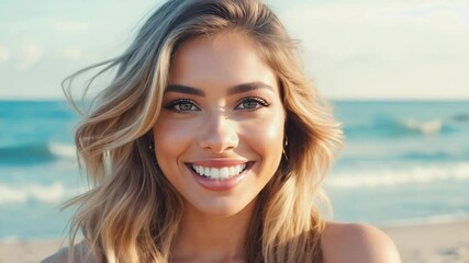 Leinwandbilder - A young woman stands on the edge of a beach, overlooking the ocean.