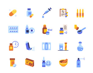 pharmaceutical dosage icons set. colorful signs with syringe, pills, suppositories, syrup and spray 