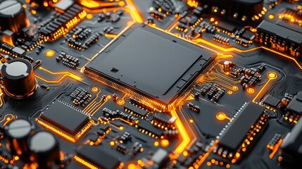 Poster - Close-up of a Circuit Board with Glowing Orange Traces and a Central Processor