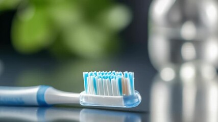Poster - A toothbrush sits next to a bottle of water on a table.