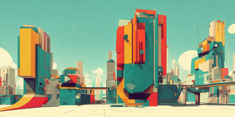 Aufkleber - Stylized cityscape illustration, featuring colorful geometric buildings, showcasing a futuristic or abstract urban scene, ideal for design or architectural concepts