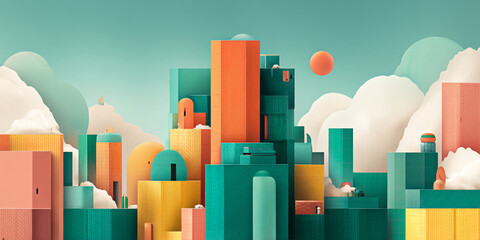 Aufkleber - Abstract cityscape with teal, orange, and yellow textured buildings against a pastel sky and fluffy clouds.