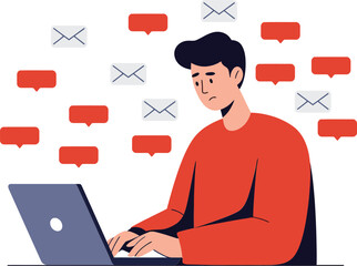 Poster - A young man focused on his laptop while surrounded by colorful speech bubbles and email icons in a flat vector illustration