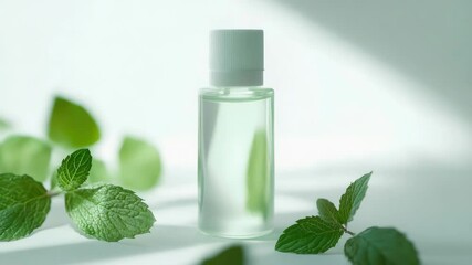 Aufkleber - A close-up shot of a perfume bottle with a sprig of mint, great for beauty and cosmetics images.