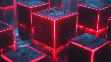 Poster - Neon Cubes Abstract Digital Art: Glowing Red and Dark Textures