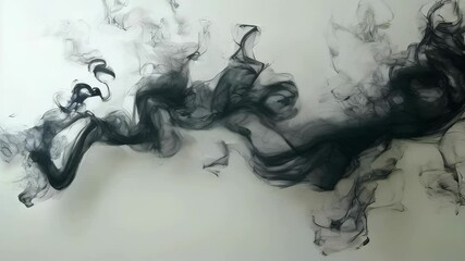 Fototapete - A mesmerizing display of black smoke gracefully flows and twists through the air creating abstract shapes against a soft muted backdrop. The ethereal movement captivates the senses.