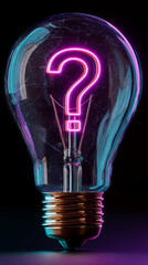 Poster - Glass lightbulb with neon pink question mark inside, dark background, symbolizes curiosity, inquiry, problem-solving, idea generation