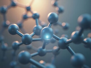 Poster - Abstract Molecular Structure In Metallic Blue with Glowing Center Detail and Blurred Background