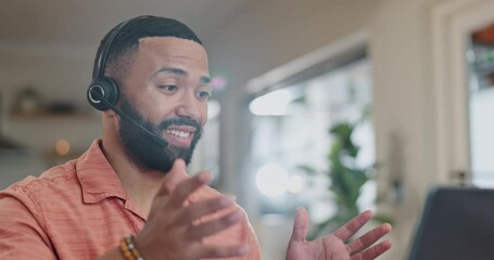 Poster - Man, home and conversation with headset or laptop for video call or online meeting with client for discussion. Male consultant, headphones and communication for support or sales with remote work.