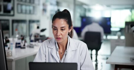 Aufkleber - Computer, science and tablet with woman in laboratory for pharmaceutical innovation or research. Development, healthcare and medical with scientist at work on clinical trial for breakthrough
