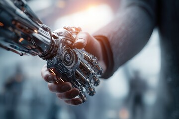 Poster - A conceptual image depicting a handshake between a human and a robot, showcasing the intersection of technology and humanity in a future world.