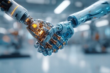 Poster - a futuristic close-up view of two robotic hands joining in a handshake, symbolizing collaboration an