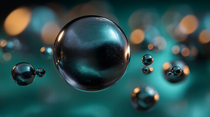Fototapete - Dark teal spheres, varying in size, float against a blurred background of teal and amber bokeh, creating an abstract, elegant, and mysterious atmosphere