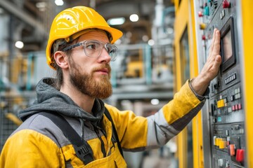 Poster - A focused industrial worker with a beard wearing safety glasses and a hard hat, operating a complex machine control panel in a manufacturing plant setting.