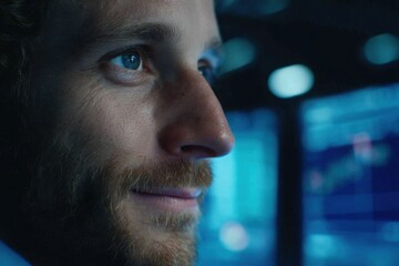 Poster - focused young professional intently analyzing financial data on a computer screen, showcasing a conf