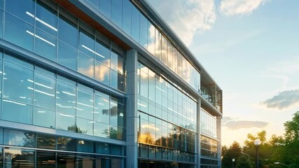 Poster - A sleek office building features large glass windows that reflect the colorful sunset, surrounded by greenery in an urban landscape.