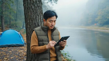 Aufkleber - A person taking a call or checking their phone while standing beside a tree, possibly in a park or garden setting.