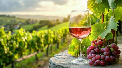 Aufkleber - A glass of wine sits next to a bunch of grapes on a table.