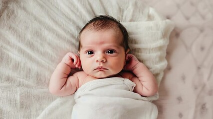 Aufkleber - A peaceful moment of a baby resting on a clean and soft white blanket.