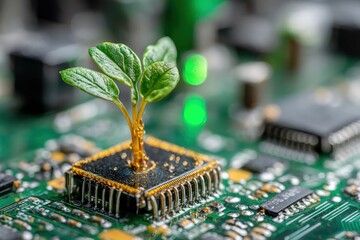 Poster - A small green plant growing from a microchip on a circuit board, symbolizing environmental technology and sustainable future advancements.