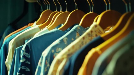 Aufkleber - Clothing store display with various shirts hung on a rack, ideal for use in commercial settings or fashion-related contexts.