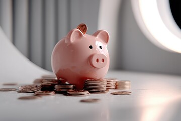 Poster - A pink piggy bank surrounded by scattered coins, symbolising savings, finance, and investment for the future. A focus on financial security and growth for wealth.
