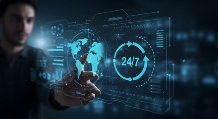 Technical support and customer service concept. Digital icon representing technical support, customer service, and 24 by 7 assistance. Business technology solutions for global support, service manage