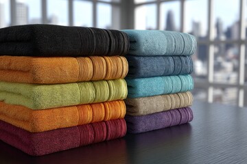 Poster - a stack of colorful, soft towels on a dark wooden table with a blurred city background, offering a s
