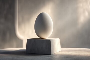 Poster - An egg on a block stands alone in a serene and sunlit space, creating a minimalist, elegant composition that evokes a sense of peace and stillness.