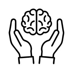 Poster - Brain health care and mental wellness concept with hands holding brain line art illustration
