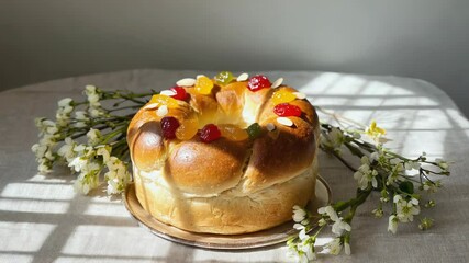 Poster - A slice of fresh bread topped with a variety of fruits, placed on a table.