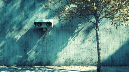 Poster - Secluded Surveillance: A Concrete Wall, a Solitary Tree, and a Discreet Security Camera