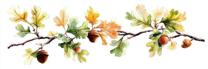 Hand-Drawn Watercolor Illustration of Oak Branch with Acorns on a Bright White Background