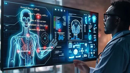 Fototapete - A healthcare provider analyzes digital health information on an advanced screen, focusing on detailed anatomical visuals and medical diagnostics in a contemporary clinic.