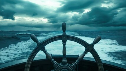 Poster - A steering wheel on a boat in the open ocean, suitable for use in travel or adventure-themed projects.