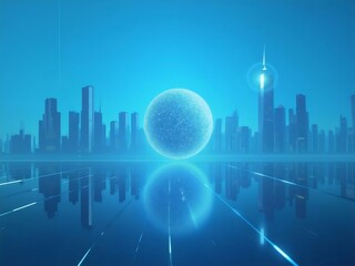 Poster - Abstract Futuristic Cityscape With A Glowing Sphere Reflecting On Water Surface In A Blue Tone